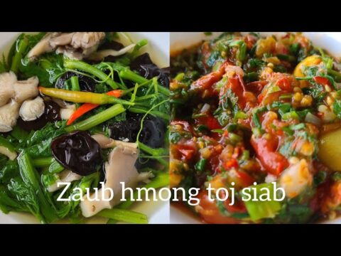 (Hmong food(Zaub Ntsis Taub hau Xyaw Nceb|Squash Shoots with mushrooms soup